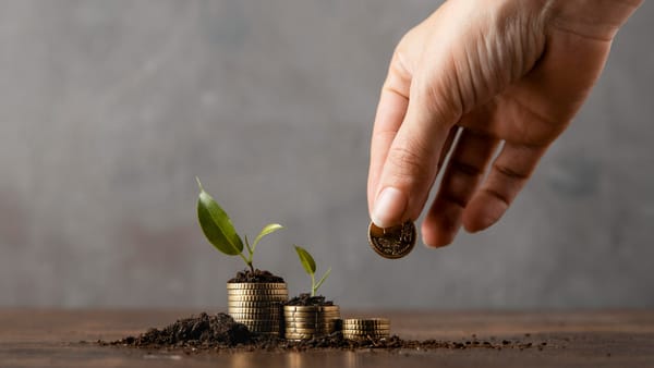 Hand places a coin on a stack of coins growing a plant. Paying Sadaqa with Bitcoin for growth and transparency. BTC