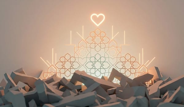 Debris and rubble piled up, with an Islamic geometric pattern and a glowing heart above. Crypto donations fund disaster relief aid like food, shelter, and medical care. Donate with USDT.