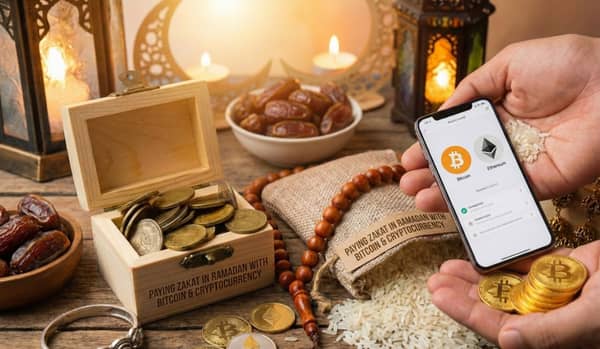 Paying Zakat in Ramadan with Bitcoin and Cryptocurrency includes digital assets like Bitcoin and Ethereum on a phone, plus coins and traditional elements like dates and rice. BTC