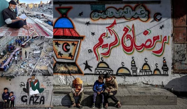 Palestine Ramadan relief efforts featuring a man reading amidst rubble, communal iftar, and children sitting near graffiti. Donations accepted via USDT for urgent aid.