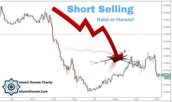 Short selling trading chart with a red downward arrow breaking through a barrier. Short selling is haram in Islam due to selling what you do not own and potential riba. Crypto donations for charity via ETH are a halal alternative. Halal or Haram?
