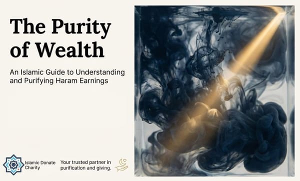 Illustrates purifying haram wealth via Islamic charity, with dark ink swirling in water illuminated by golden light, symbolizing a spiritual cleansing process for donations.