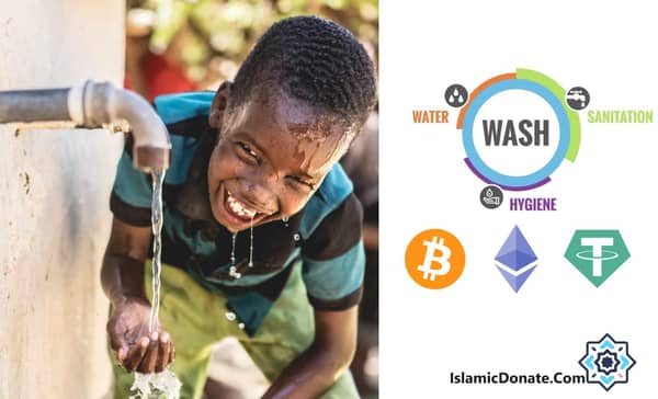 Child joyfully drinking water from a tap, representing WASH initiatives. Enabled by crypto donations like BTC for water, sanitation, and hygiene.