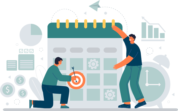 Two people strategizing to hit targets on a calendar, with charts and coins suggesting financial planning and crypto-enabled donations, possibly via USDT.