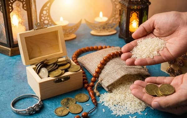 Paying Zakat in Ramadan highlights a treasure chest filled with coins and rice being poured into cupped hands. Includes prayer beads, lanterns, and crescent moon decor. Crypto donation like TRON can fulfill this need.