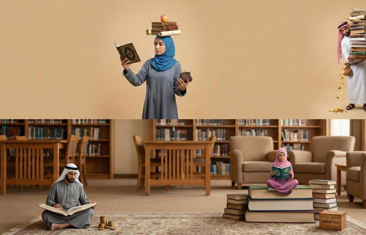 Muslims give religious contributions like Zakat and Khums for purification and social welfare. A woman balances books and a purse. A man spills coins from a bag. Children read in a library setting, with a donation box. Donate with ETH.