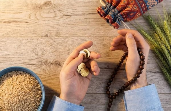 Person counting coins in one hand while holding prayer beads in the other, with a bowl of rice and a pouch on a wooden surface. Context: paying Khums, Islamic donation, crypto charity, paying via USDT.
