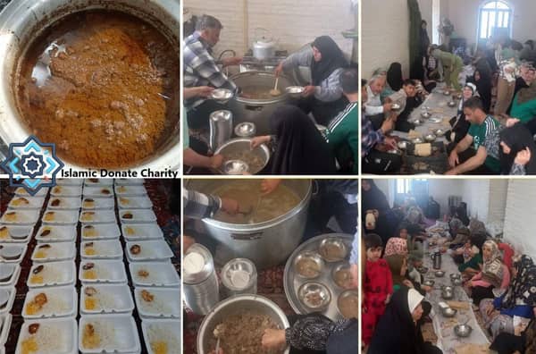 The image shows multiple scenes of food preparation and distribution, likely for a charitable cause. In one panel, pre-portioned meals of rice and stew are neatly arranged in individual containers. Other panels depict people serving large vats of food, and a group sharing a meal. This visual narrative aligns with the page topic of calculating and giving Zakat, emphasizing the charitable distribution of aid, potentially through crypto donations like TRX.