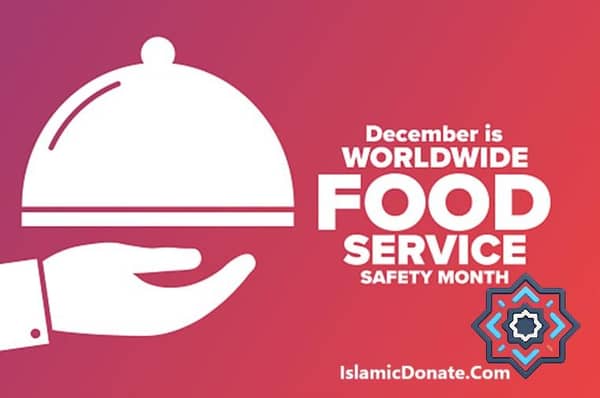 Hand serving a covered dish, celebrating December as Worldwide Food Service Safety Month, supported by crypto donations like ETH.