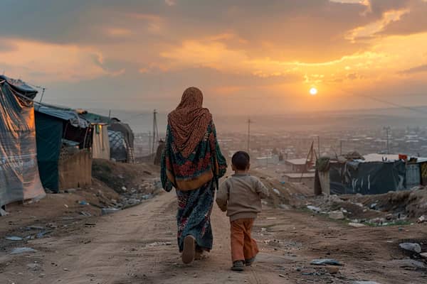 Woman and child walk through a makeshift village at sunset, symbolizing hope for charity during Ramadan with cryptocurrency donation, represented by USDT.