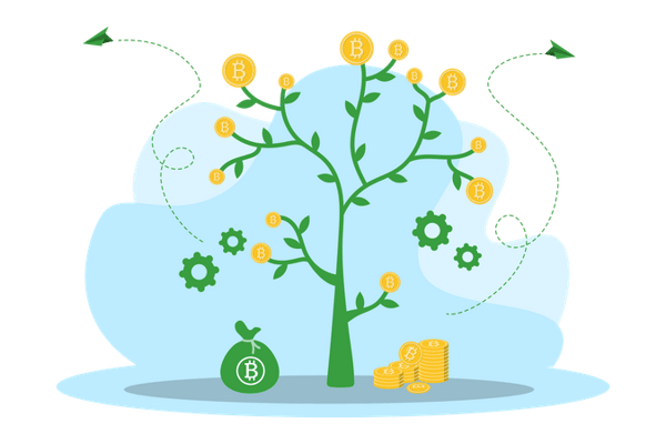 Economic empowerment in Islam, represented by a growing tree with Bitcoin symbols as fruits, symbolizing wealth distribution via crypto donations with ETH. Includes a money bag and rising coin stacks, with gears indicating process and development.
