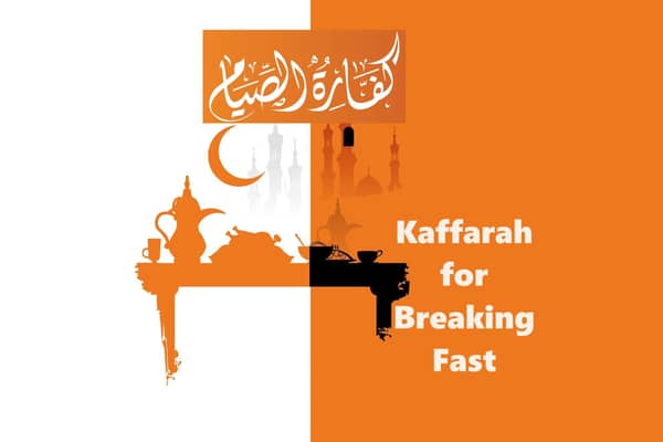 Kaffarah for breaking fast, with Arabic calligraphy, Islamic crescent, minarets, and depictions of food and coffee pots, indicating crypto donation fulfillment for Ramadan obligations using ETH.