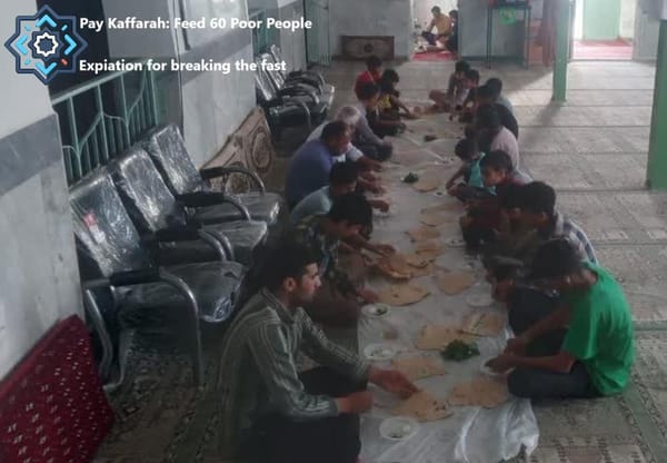 People eating together on the floor, representing the act of feeding others as expiation for breaking the fast, with support from crypto donations like AVAX.