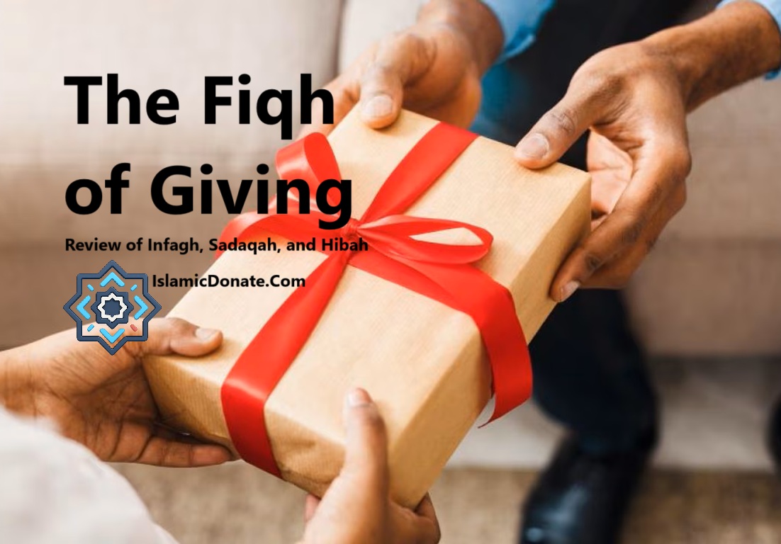 Man gives gift box with Hibah intention. The Fiqh of Giving Review of Infaq, Sadaqah, and Hibah text shown.