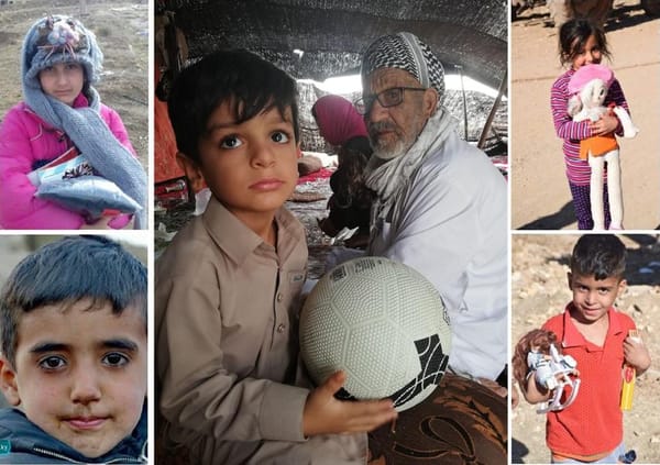 Children in need holding toys, with a man and boy sharing a soccer ball. Supports anonymous crypto donations like USDC for global relief.