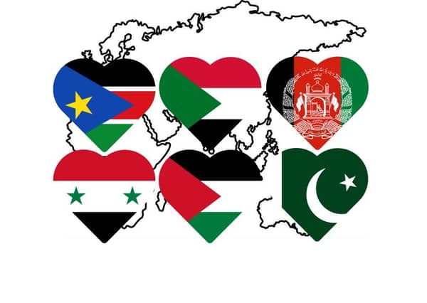 Map of the Middle East and Africa with heart shapes superimposed, each heart displaying the flag of a different country: South Sudan, Sudan, Afghanistan, Syria, Palestine, and Pakistan. Supports crypto donations such as BTC.