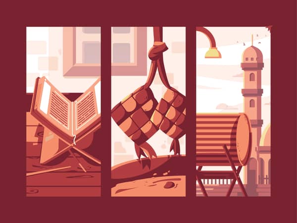 Triptych showing an open Quran on a stand, ketupats, and a mosque minaret. Supports crypto donations via SOL.