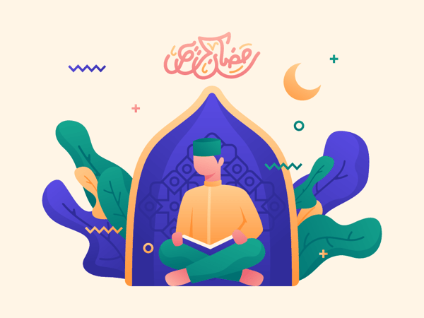 Ramadan Kareem illustration: a man reads the Quran within an arched doorway, surrounded by decorative flora and Islamic motifs. Crypto relief donations are processed via SOL.