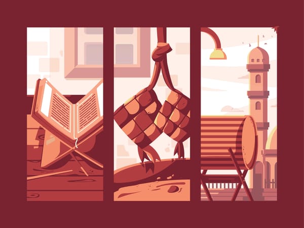 Triptych showing an open Quran on a stand, ketupats, and a mosque minaret. Supports crypto donations via SOL.