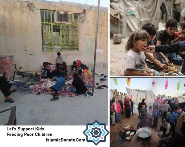 Collage of images showing children in need, with one being fed and a group gathered outdoors. Features text "Let's Support Kids Feeding Poor Children" and IslamicDonate.com logo. Donate via crypto like USDT for orphan support.