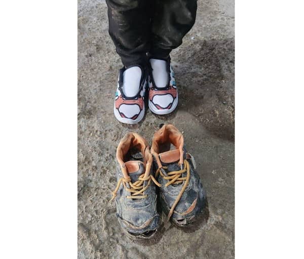 New shoes contrast with worn-out ones, symbolizing aid to working children, supported by ETH donations to help them return to school.