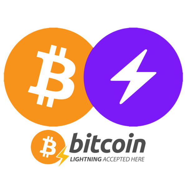 Bitcoin logo and lightning bolt symbol, indicating Bitcoin Lightning Network accepted for donations. Supports crypto giving.