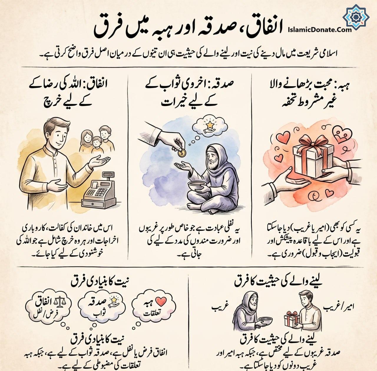 انفاق، صدقہ اور ہبہ میں فرق chart explains Islamic charity types and donation intentions.