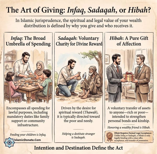 Infographic Infaq, Sadaqah, and Hibah guide showing family support, helping needy, and gift giving.