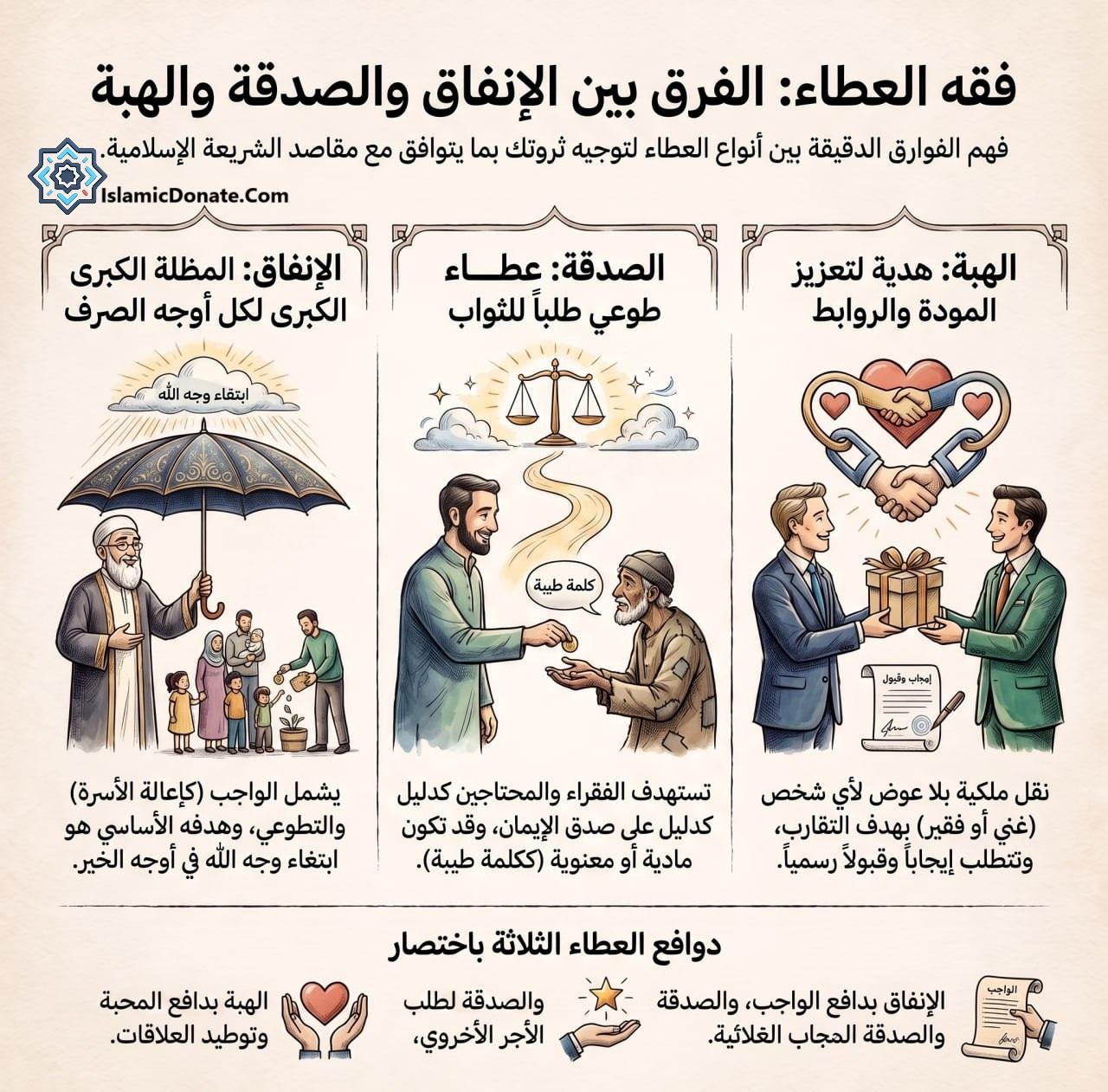 الفرق بين الإنفاق والصدقة والهبة infographics comparing Sadaqah, Infaq and Hibah.