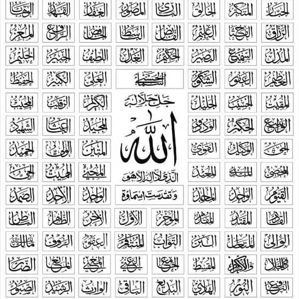 Islamic charity values based on the 99 names of Allah (Asma ul Husna), reflecting justice, trustworthiness, and forgiveness, supported by ETH donations.