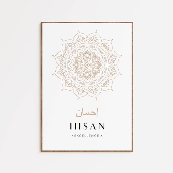 Ihsan Excellence calligraphy and mandala art with crypto donation details. Donations supported by SOL.