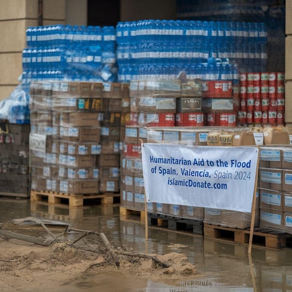 Humanitarian aid supplies including water and food crates, with a banner reading "Humanitarian Aid to the Flood of Spain, Valencia, Spain 2024 islamicDonate.com" amidst floodwaters, crypto donations via BTC power urgent relief.