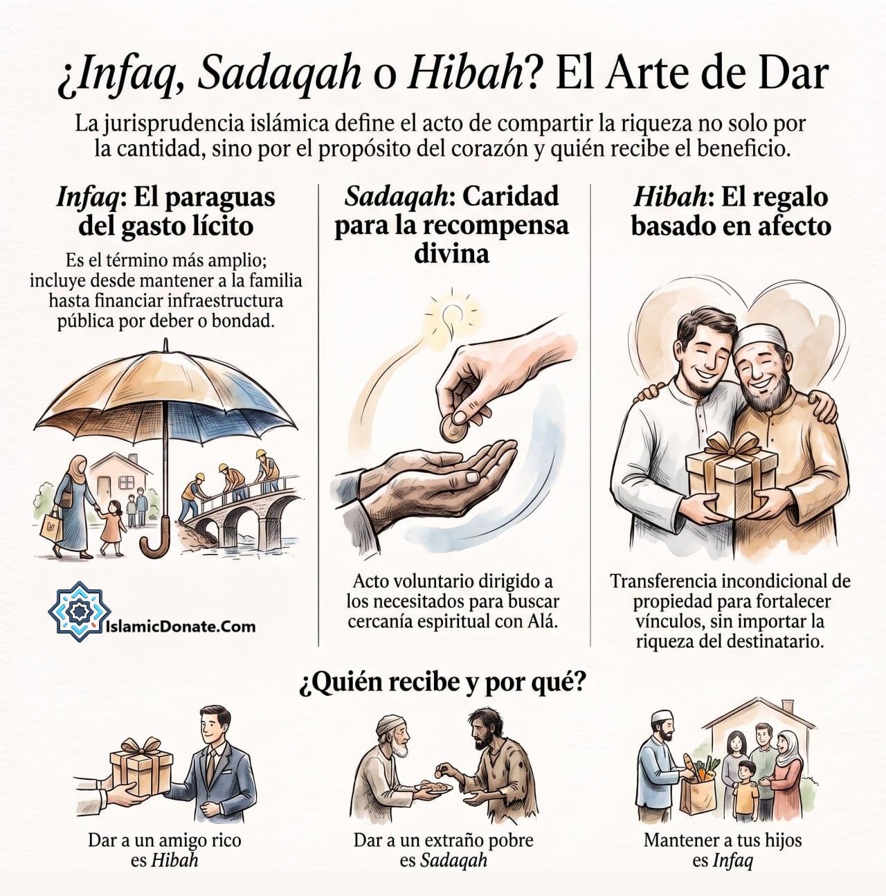 Infaq Sadaqah y Hibah diagram showing Islamic giving. People donate to family, poor, or friends for divine reward.