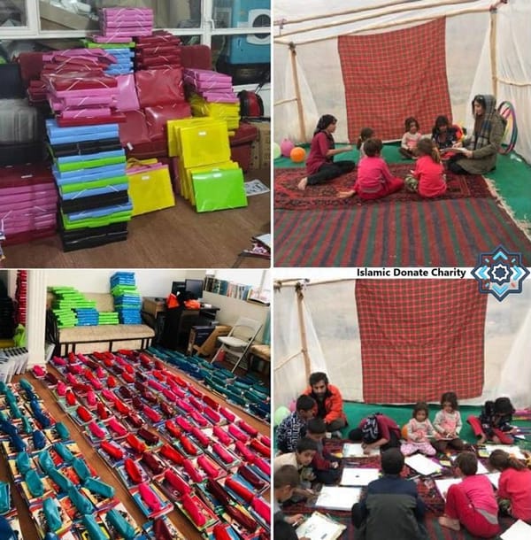 Stacks of colorful folders and bags in the top left. Children learning in a tent in the top right. Rows of school supplies in the bottom left. Children receiving instruction in the bottom right. Islamic Donate Charity supports education and relief efforts through crypto donations, including LTC.