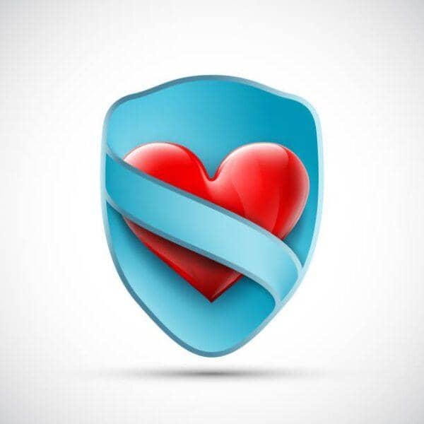 A red heart protected by a blue shield, symbolizing protection services safeguarding the vulnerable with XRP crypto donations.