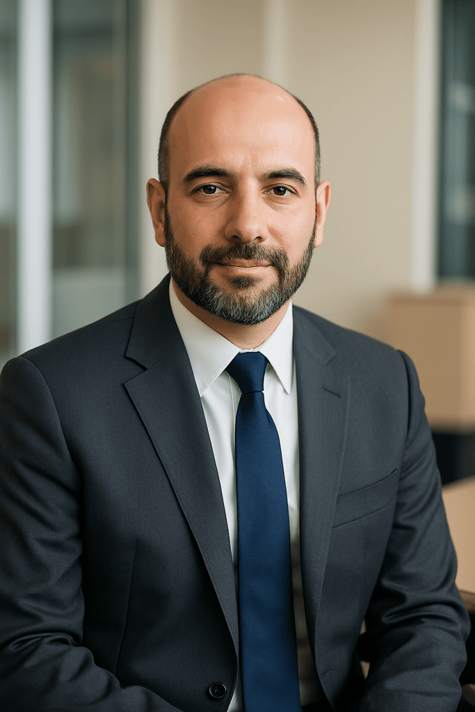 Mohamed Khalil, Independent Trustee for Legal and Ethical Compliance, a man in a suit and tie with a beard, representing a board of directors managing ethical fundraising and non-profit legal advisory, supported by SOL.