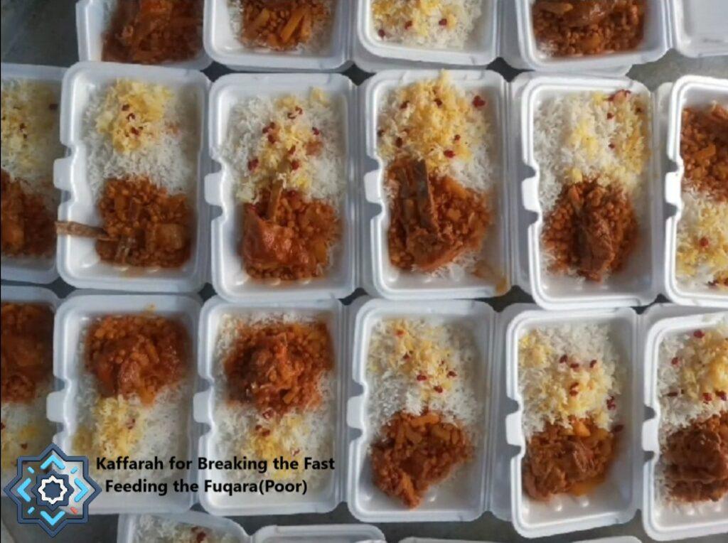 Kaffarah for Breaking the Fast: Feeding the Fuqara(Poor). Rows of white disposable containers filled with rice, stew, and garnishes, symbolizing nourishment for the needy distributed via cryptocurrency donations like BTC, ETH, or USDT.